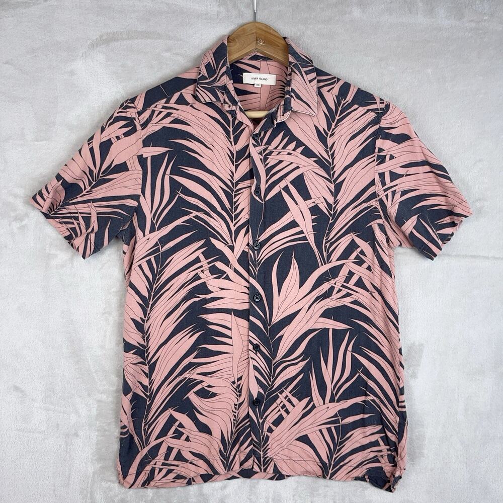 River Island UK Mens XS Peach Tropical Palm Print Shirt Hawaiian Festivalcore